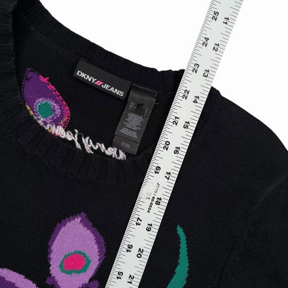 DKNY Jeans Womens Sweater Sz L Slim Fit Black Floral Knit Extra Long Sleeves Y2K - Picture 6 of 10